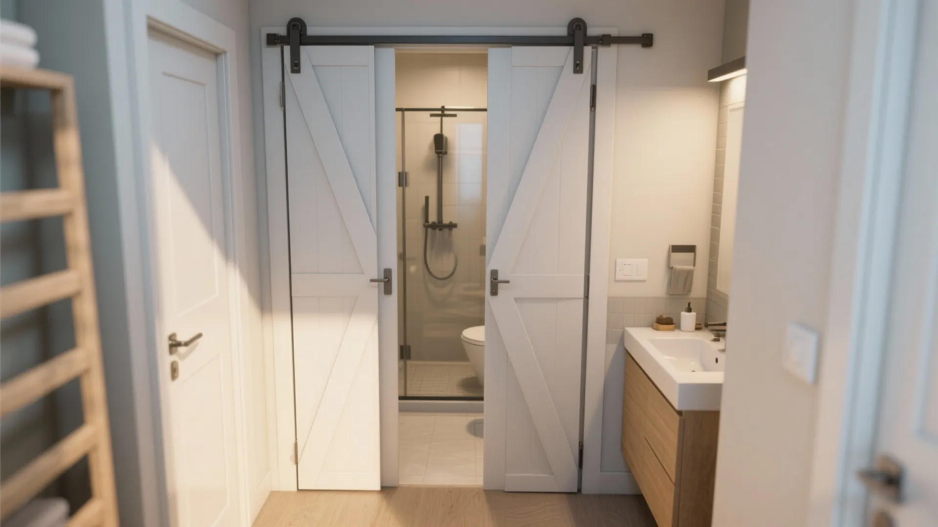 White sliding barn doors opening to show a small bathroom with glass shower and toilet