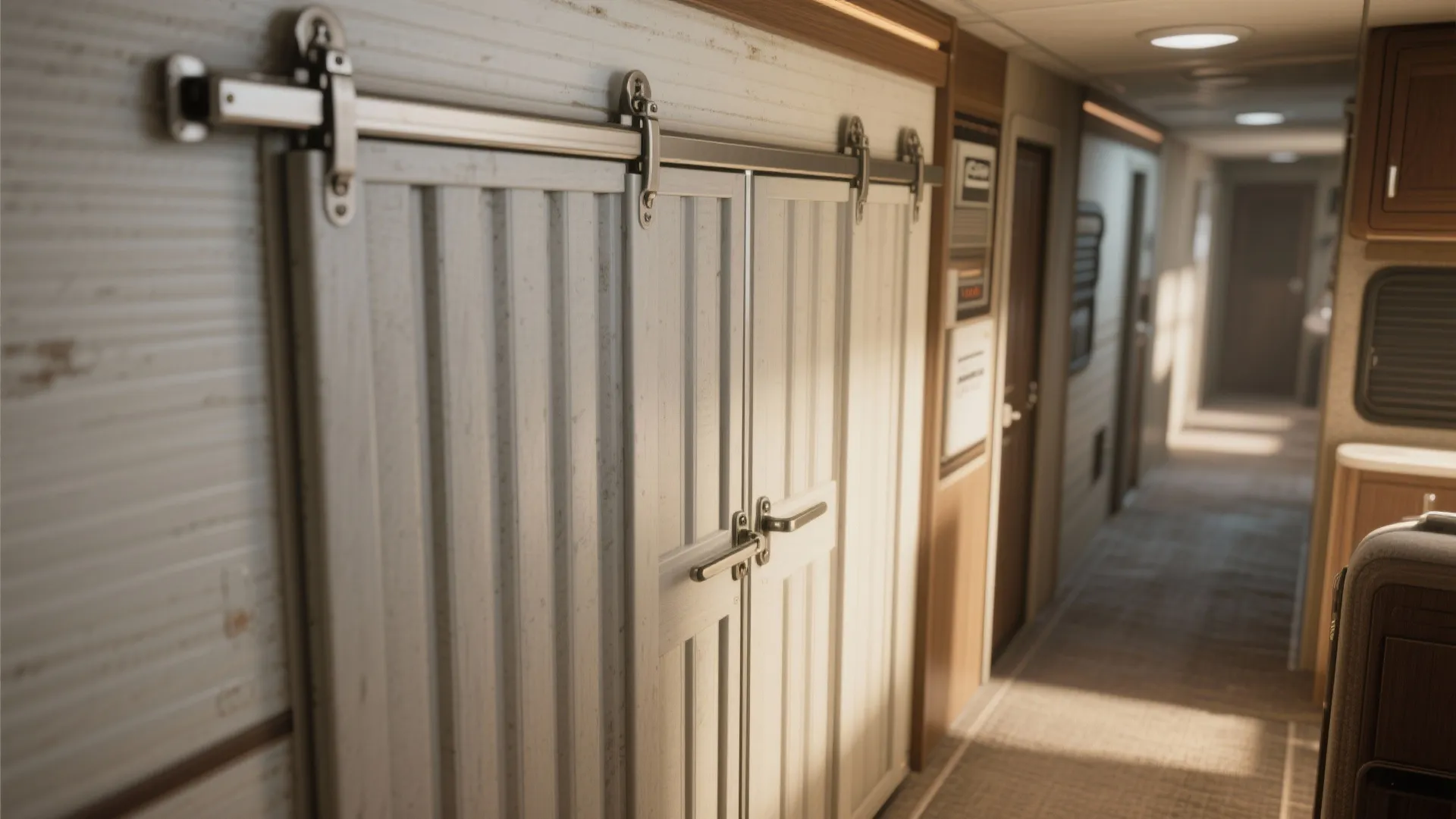Sliding white barn doors in a narrow hallway of a motorhome with overhead ceiling lights
