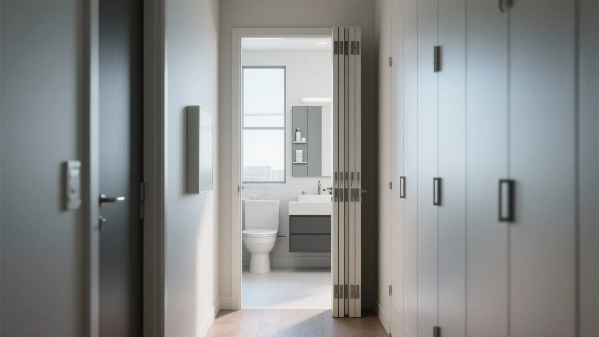 Narrow corridor and small bathroom using a stacked bi-fold door to preserve circulation and allow a tall cabinet opposite.