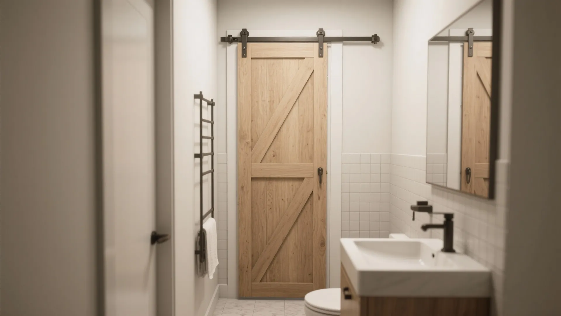 Small white bathroom with wooden sliding door, white sink cabinet, mirror, and black wall towel