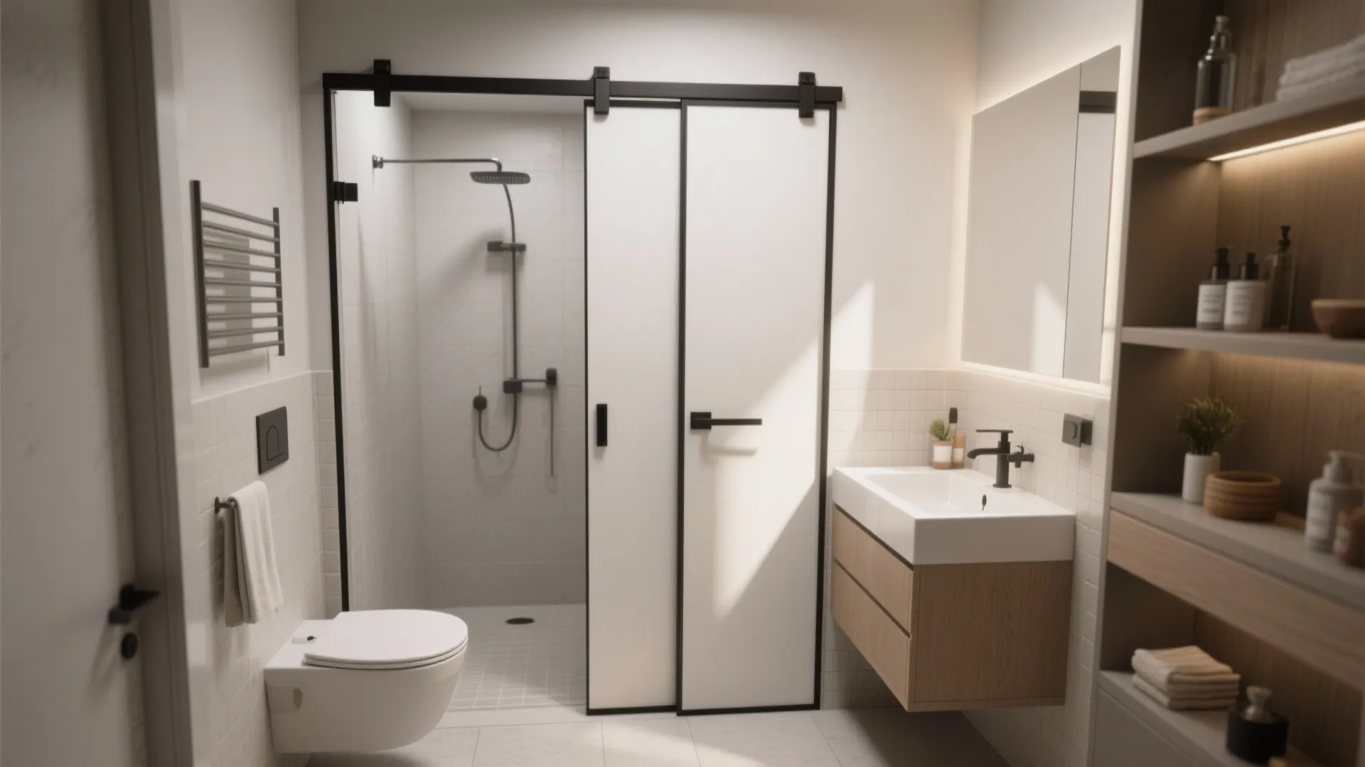 Small bathroom with white folding door, floating wood vanity, square sink, and wall mounted mirror