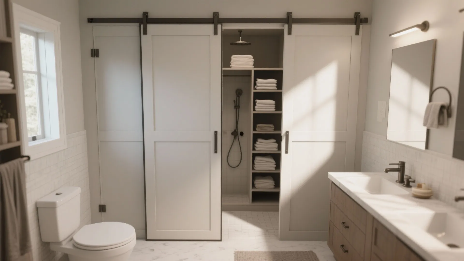 Modern white bathroom with double sliding doors opening to reveal a shower and towel shelves