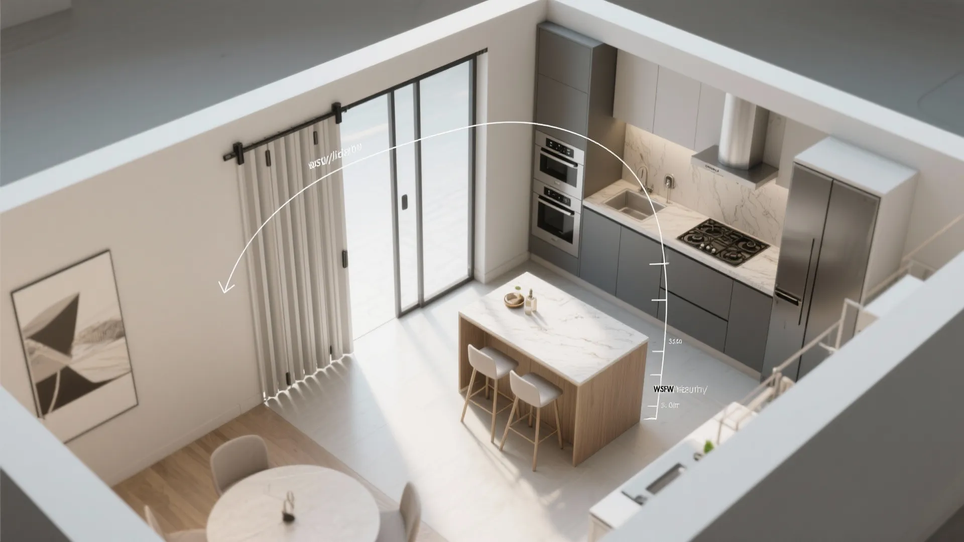 Interior design drawing of a modern kitchen with grey cabinets marble island and sliding glass windows