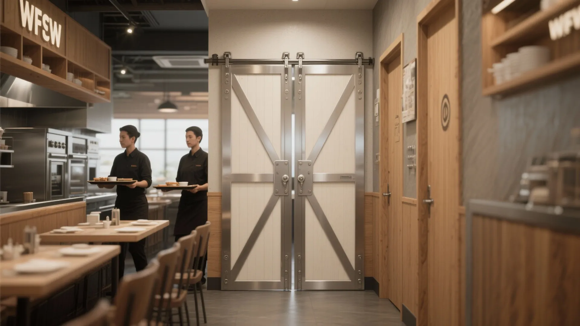 Narrow restaurant aisle with bi-fold doors folded to the side showing heavy-duty track and staff passing.
