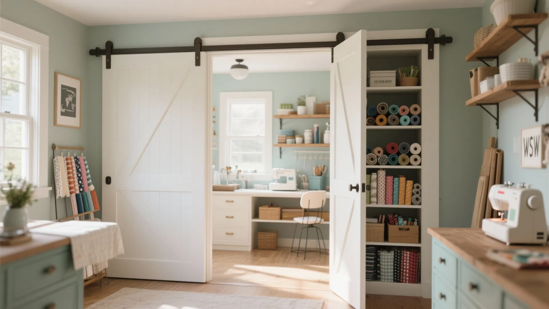 Bright craft room with white sliding barn doors opening to sewing desk and fabric storage shelves