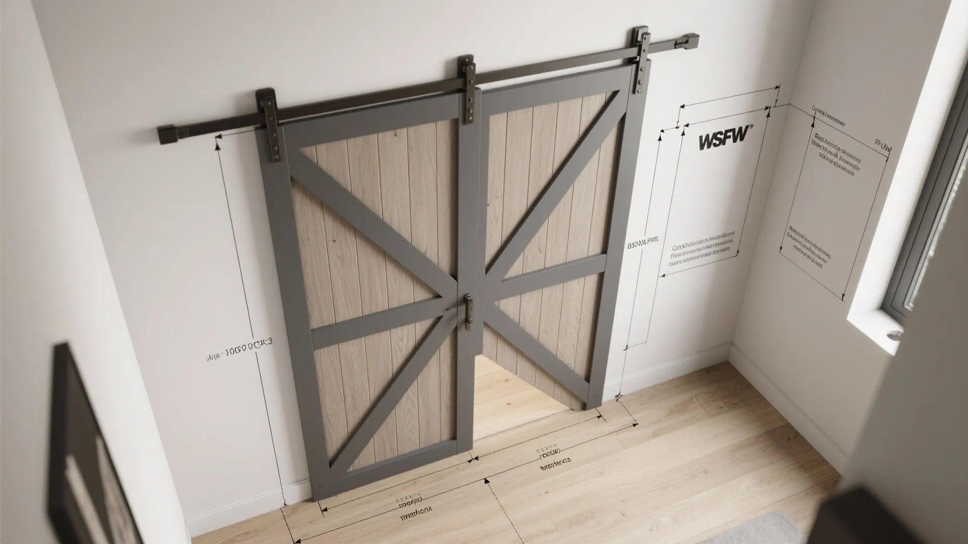 Grey wooden sliding barn doors with technical measurement lines shown on a white interior wall