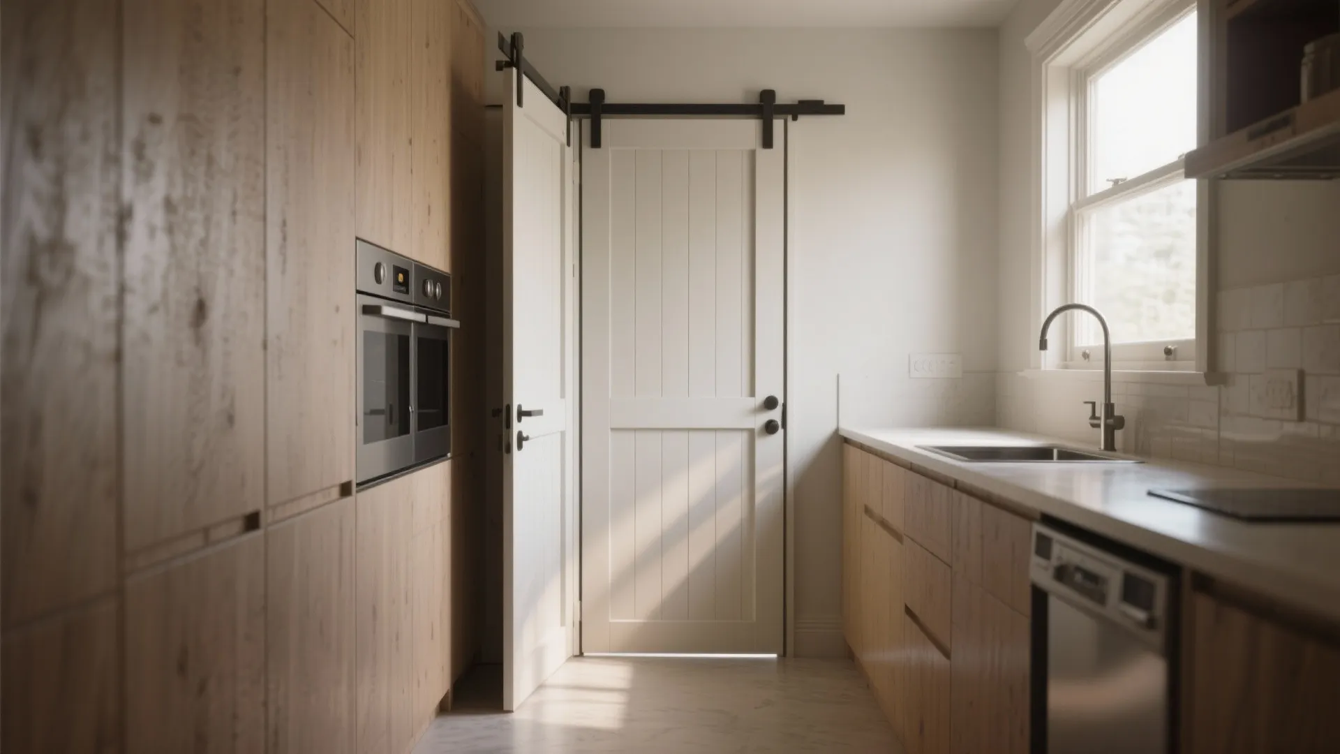 Wooden kitchen interior with white folding sliding door window sink and built in oven unit