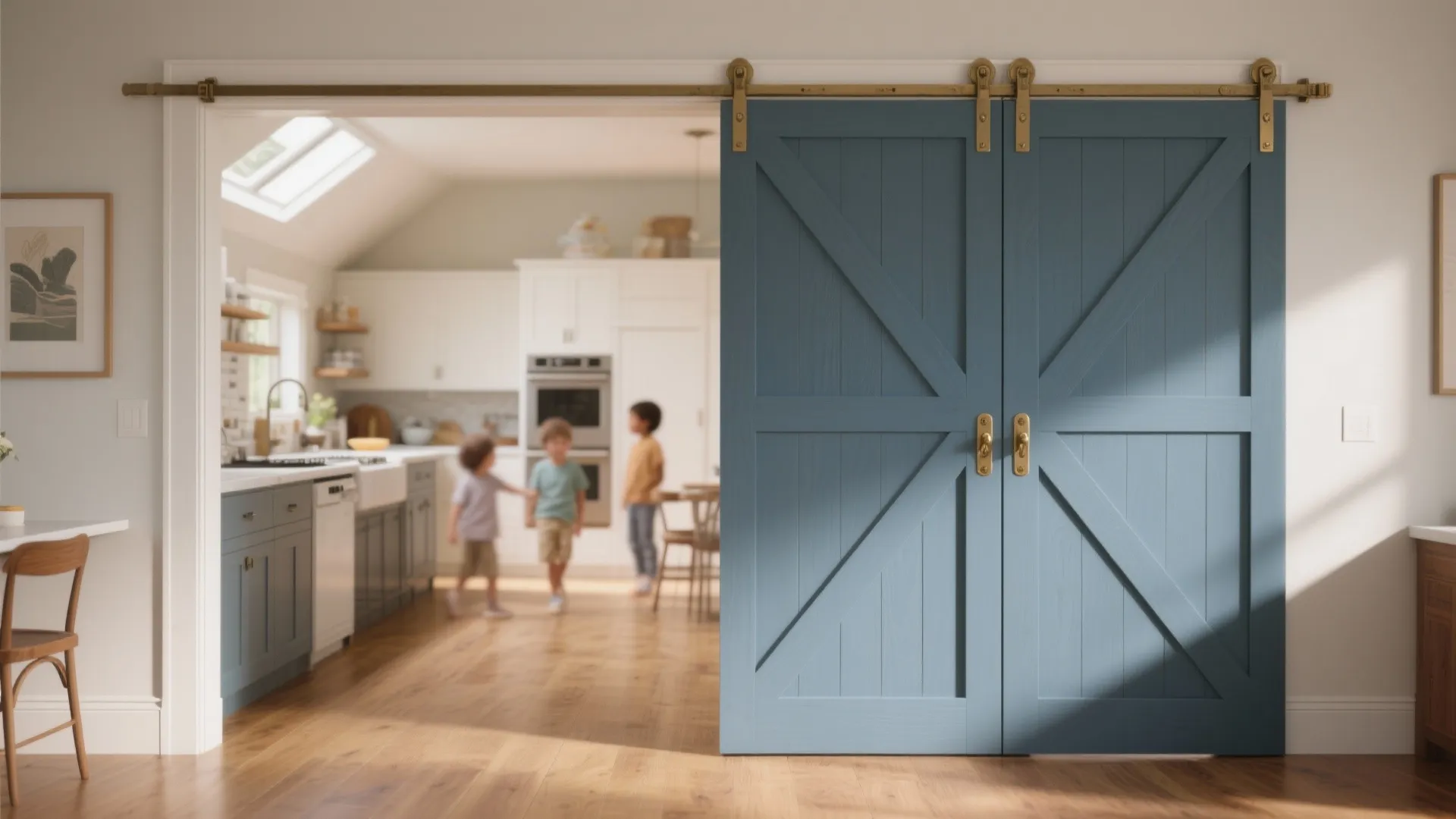 Wide kitchen pass-through with a bi-fold hybrid and double-acting hinges, folded neatly to one side.