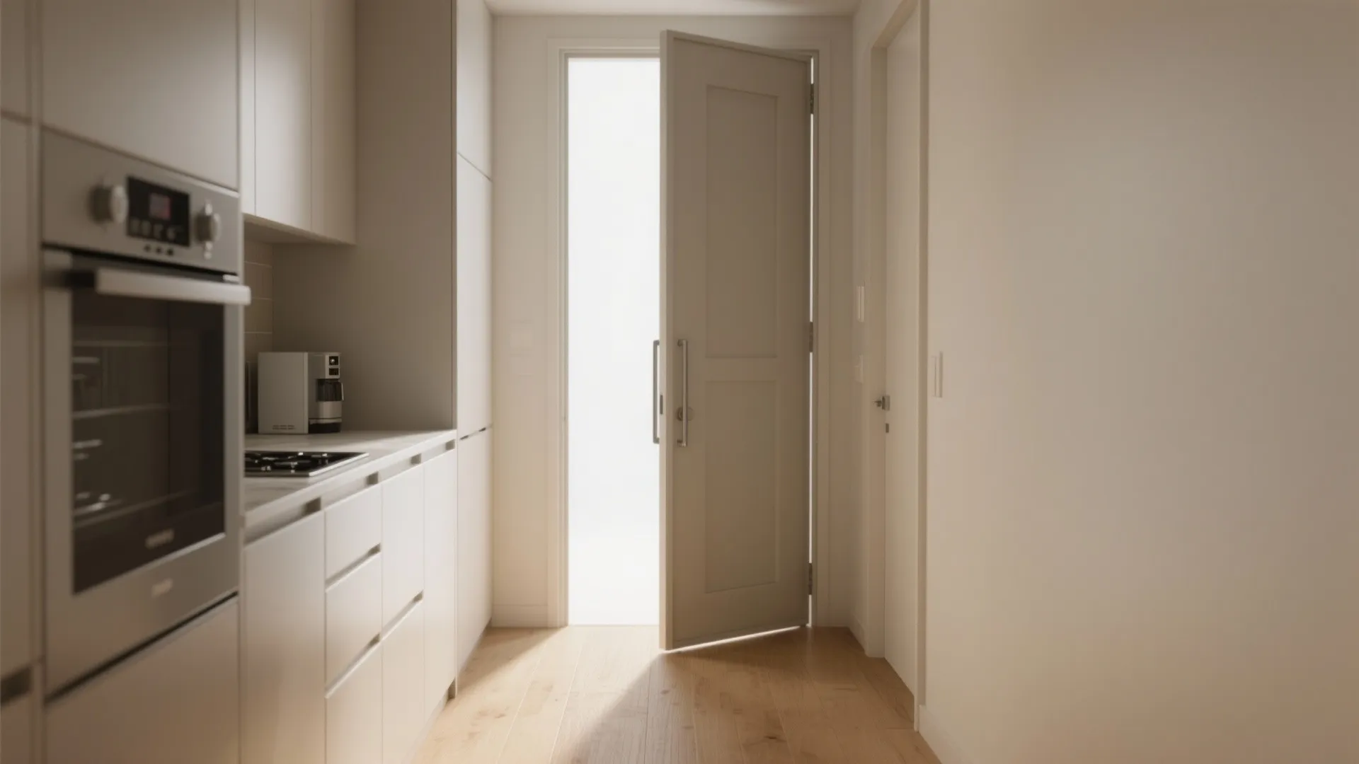 Narrow galley kitchen with a bi-fold door folded against the wall, leaving a clear walkway.