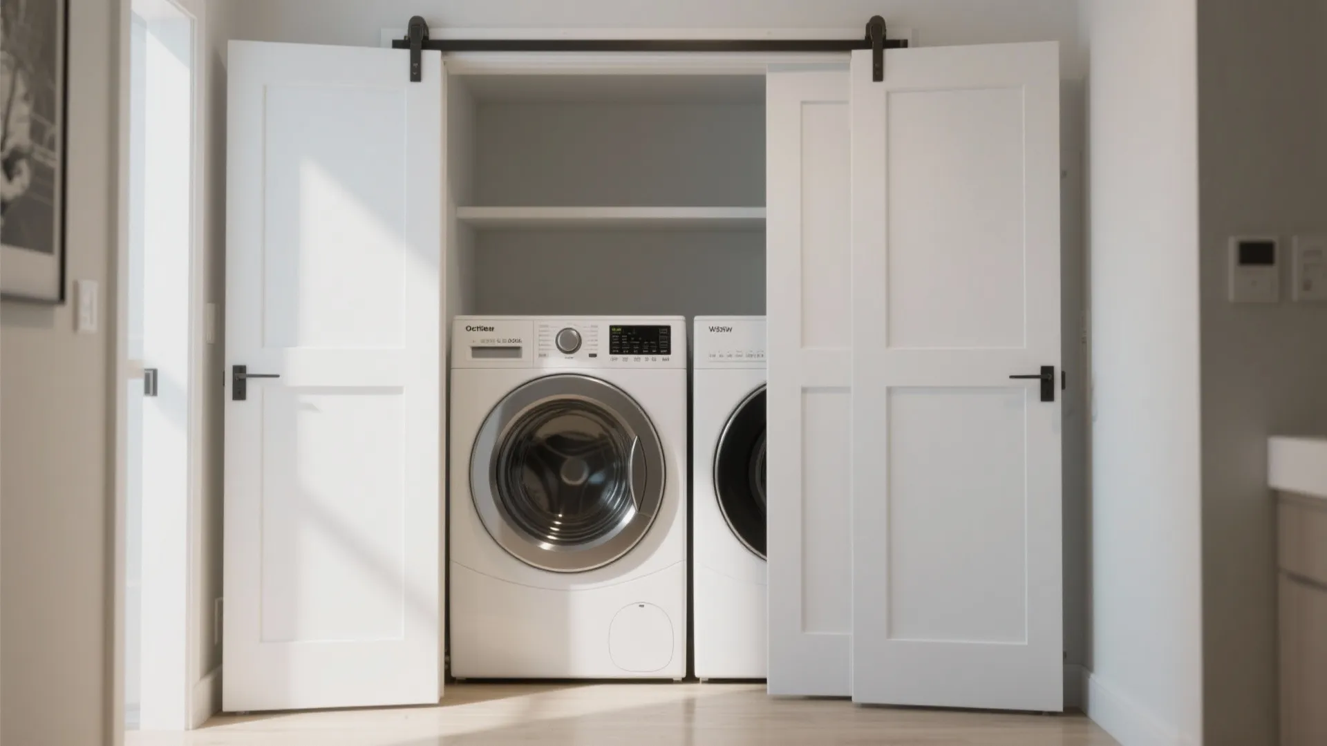 Laundry closet featuring white washing machine and dryer behind open white wood barn style doors