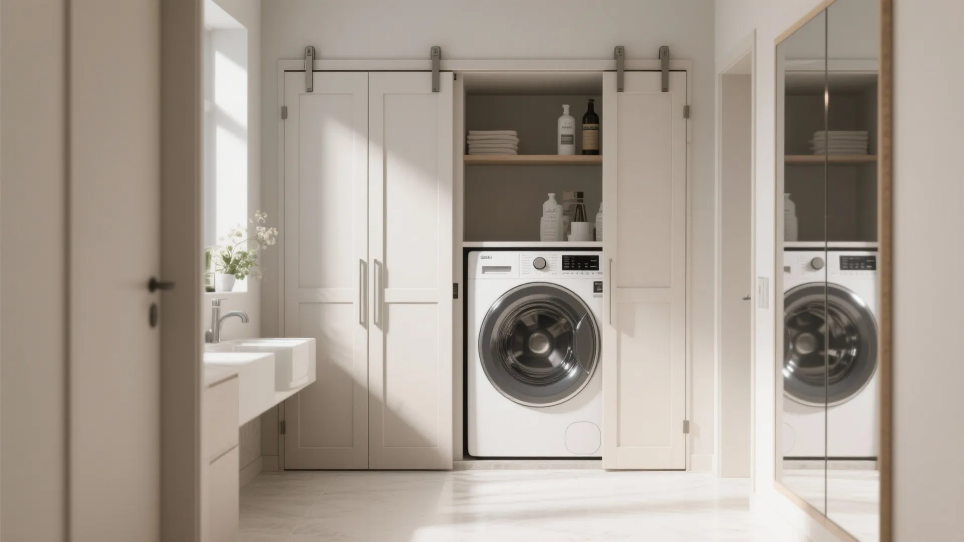 Bright laundry room with white sliding doors revealing a washing machine and shelves of towels