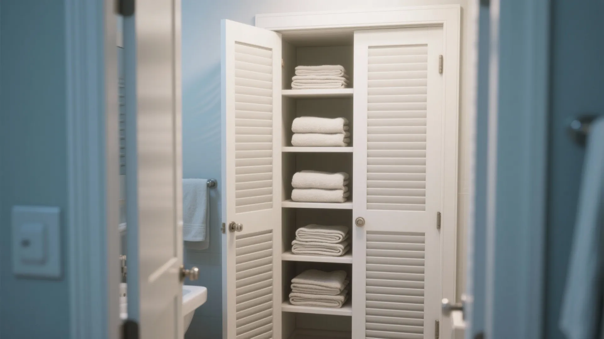 White bathroom storage cabinet with open wooden doors showing stacked white towels on interior shelves