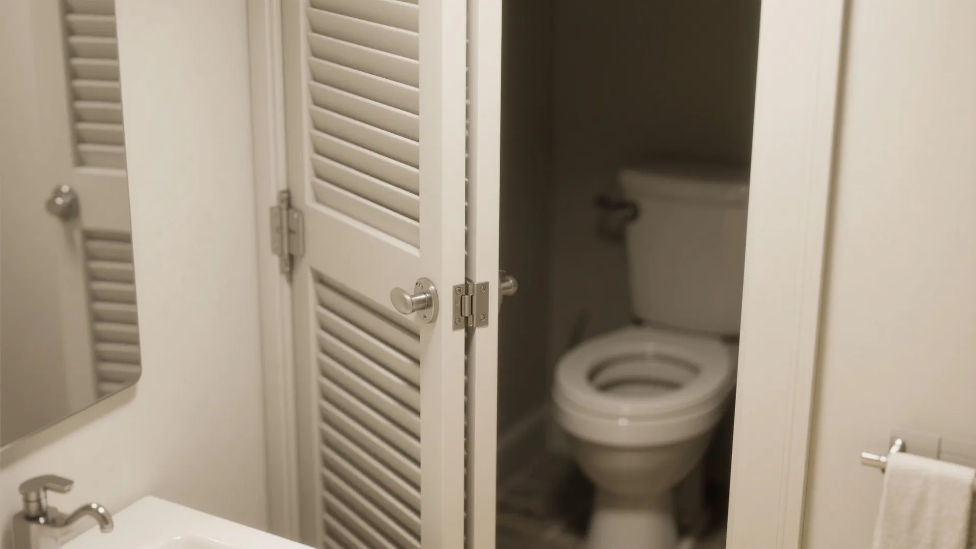 White folding doors opening to a small bathroom nook with a white toilet and sink