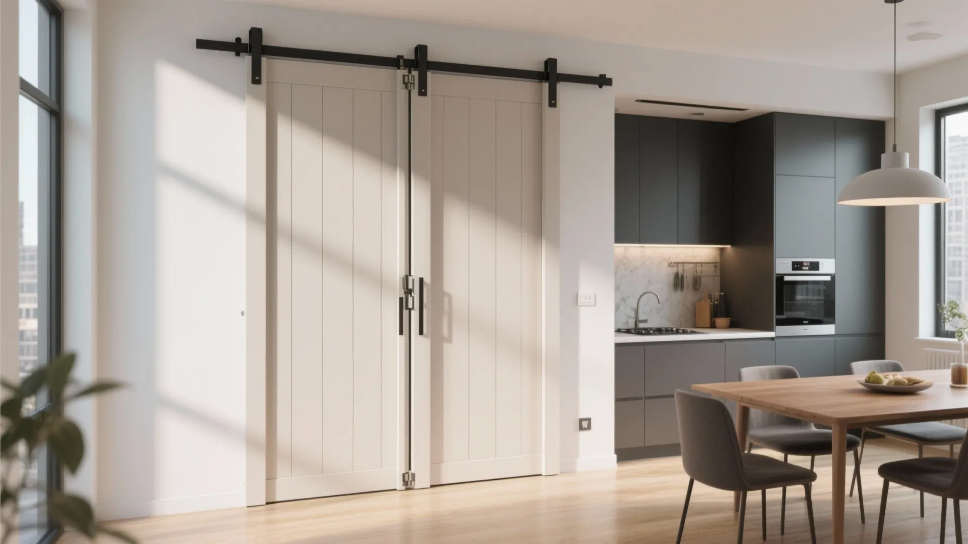 White sliding barn doors separating a dining area with wooden table from a dark kitchen