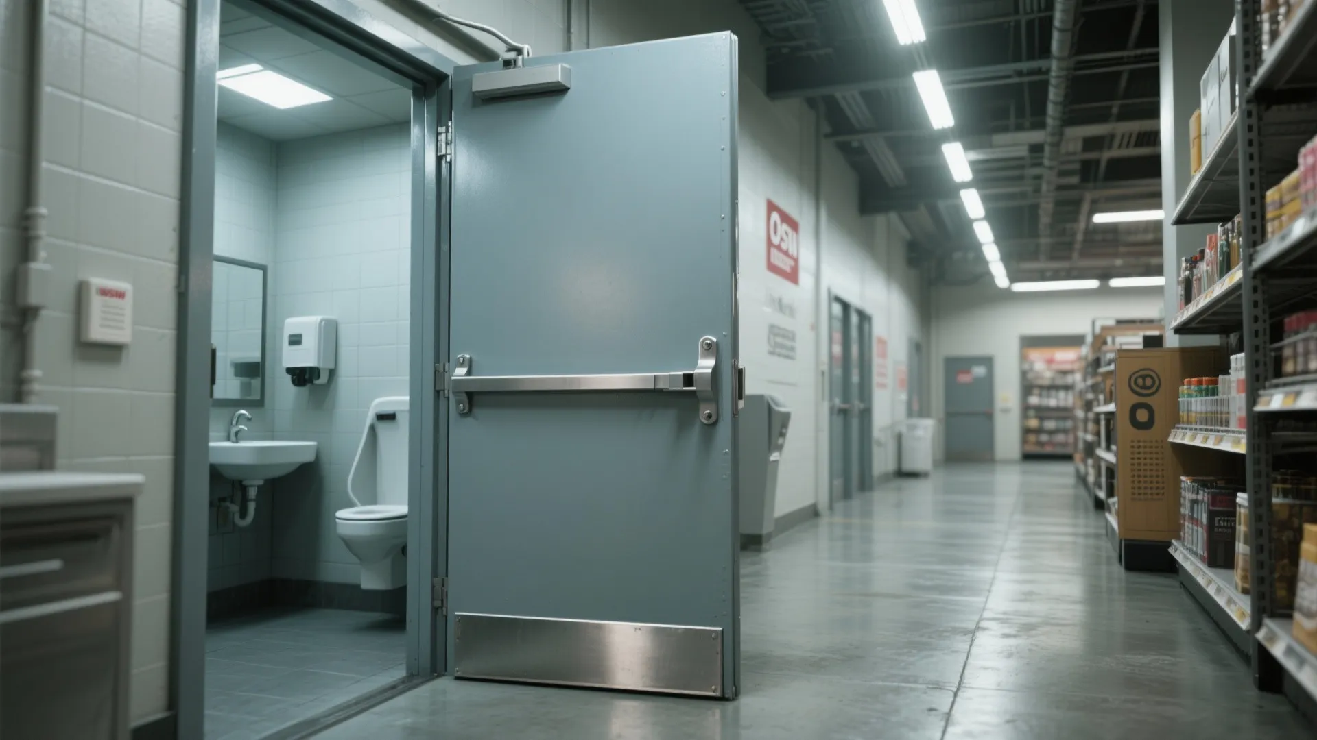 Open grey metal service door leading to a clean restroom with a sink and white toilet