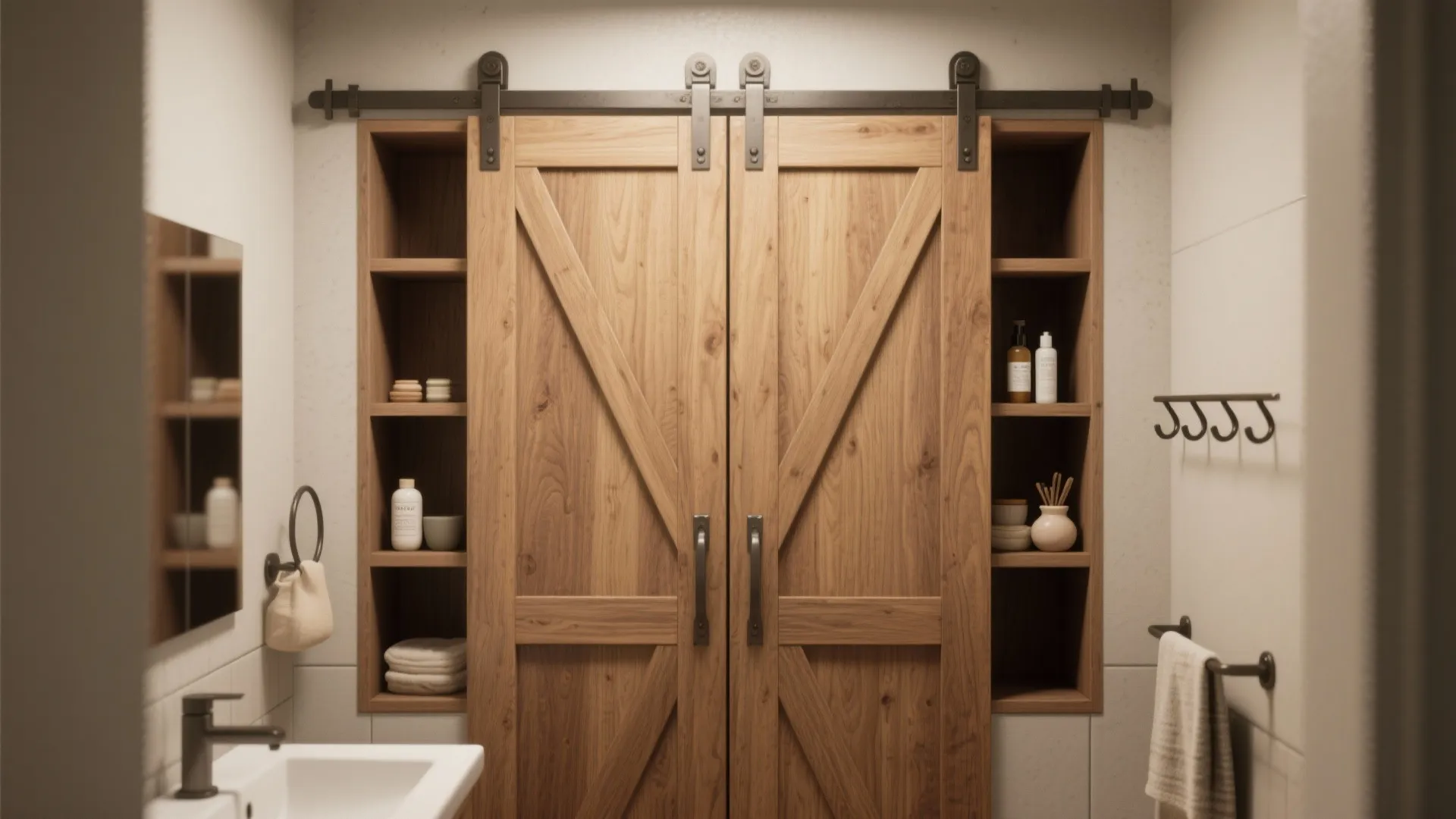 Bi-fold barn door folded open showing built-in shallow shelving with toiletries in a compact powder room.