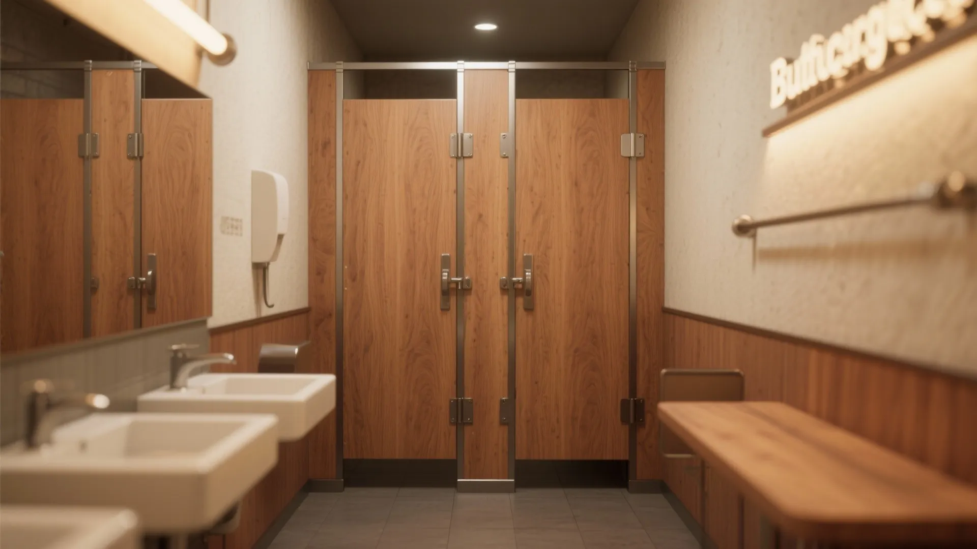 Public restroom interior with wooden stall doors plus two white sinks and one wooden bench