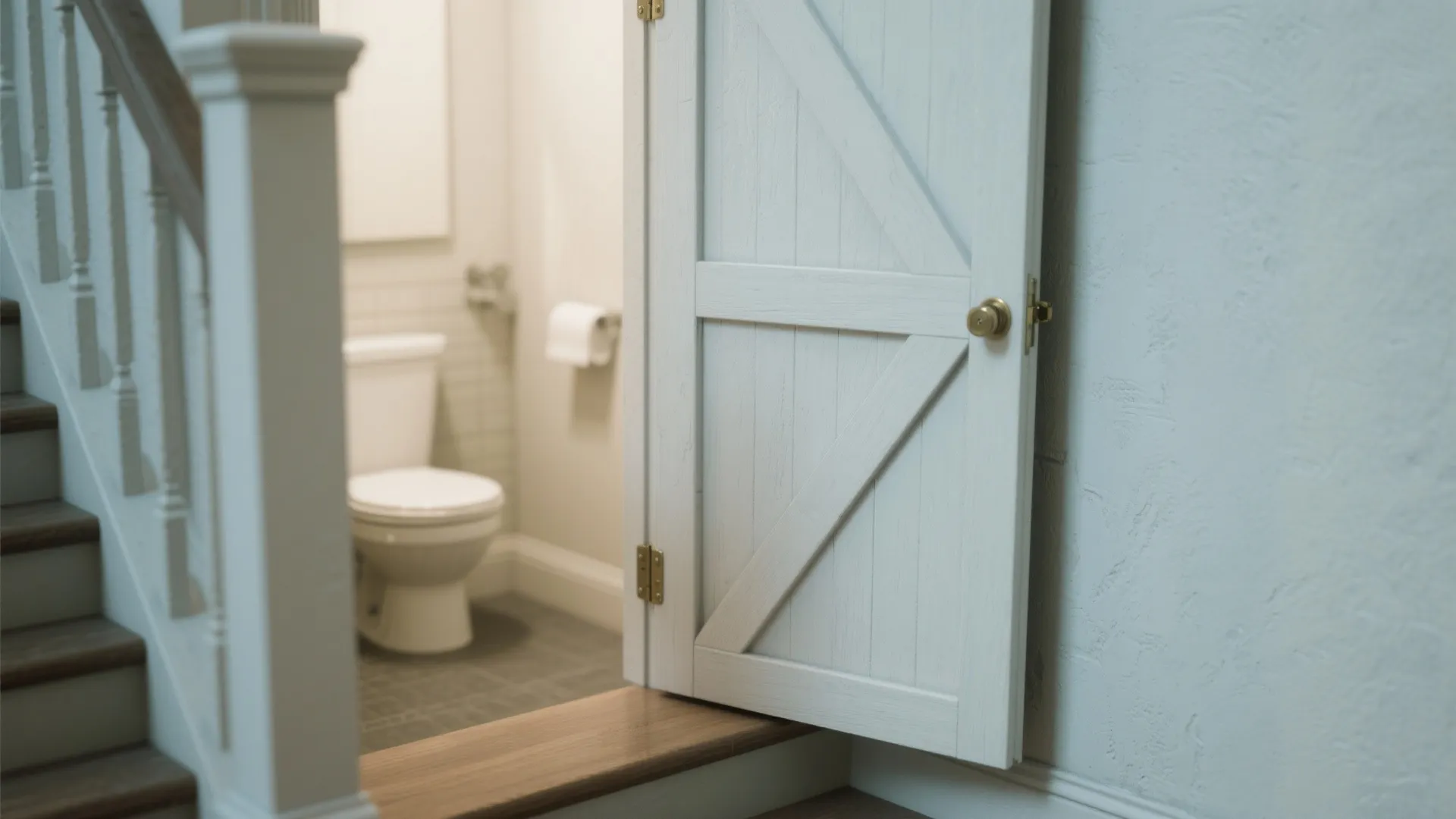 Close-up of a bi-fold door operating in a tight powder room, showing hinge details and slim profile.