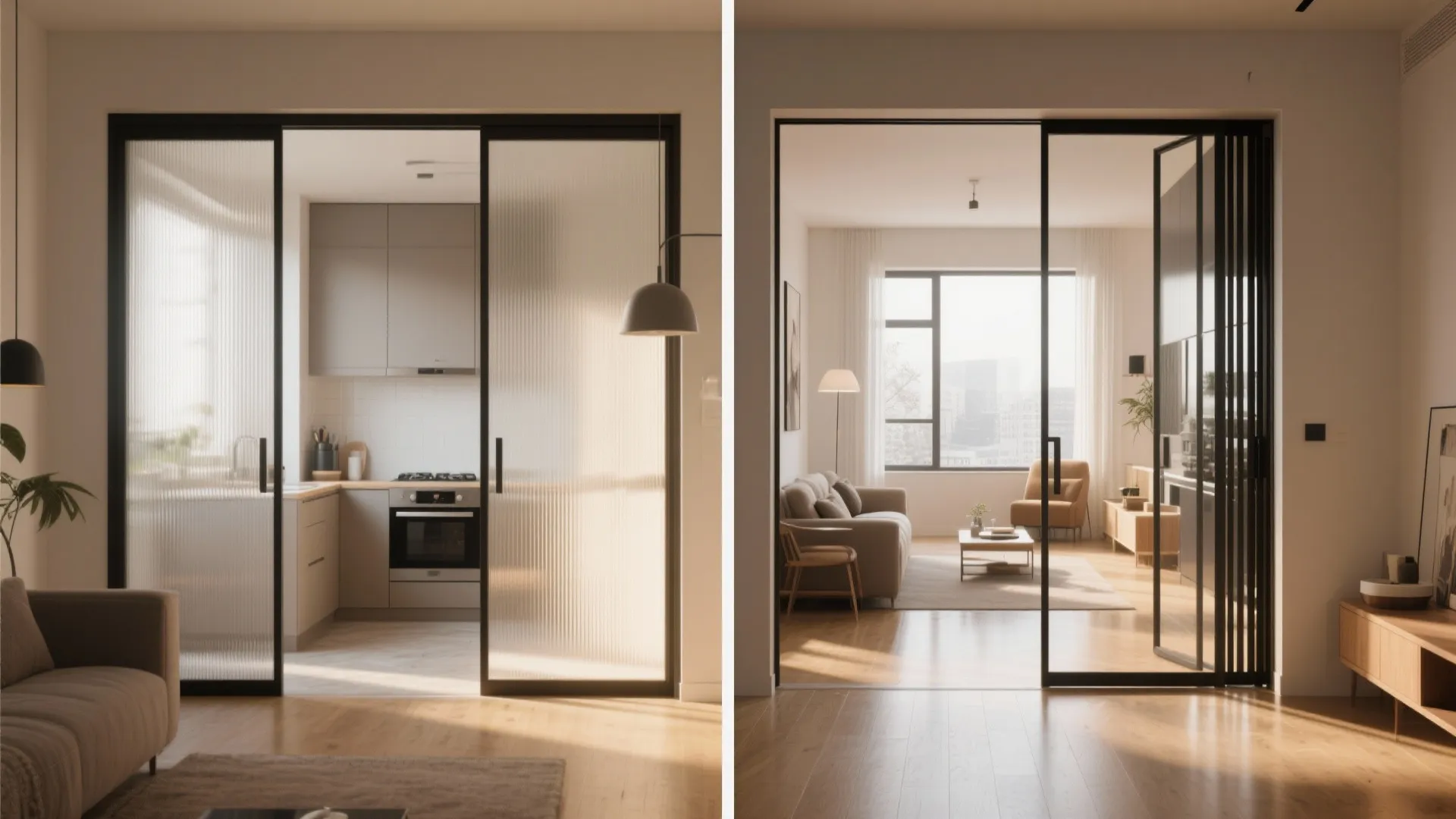 Split image showing closed and open bi-parting sliding doors connecting a compact kitchen and living area.