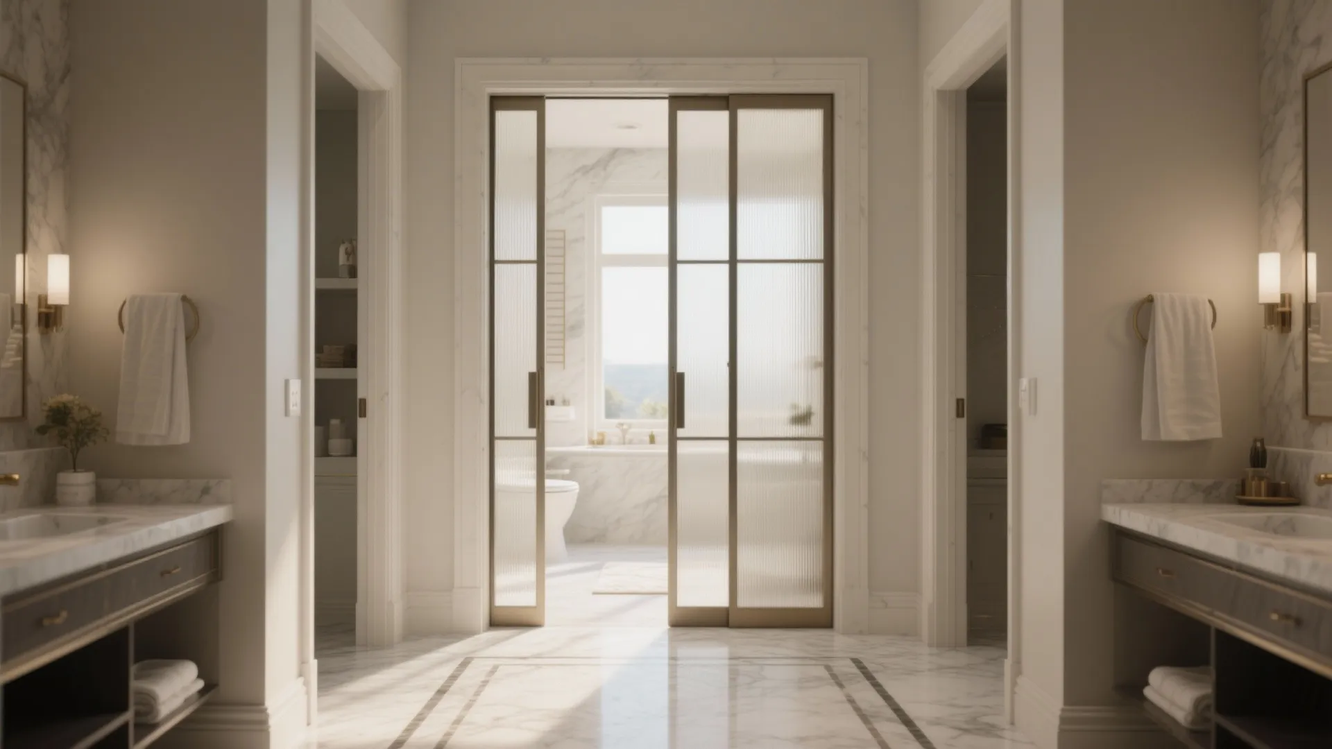 Luxury bathroom interior with glass sliding doors marble floors double sinks and bright natural light