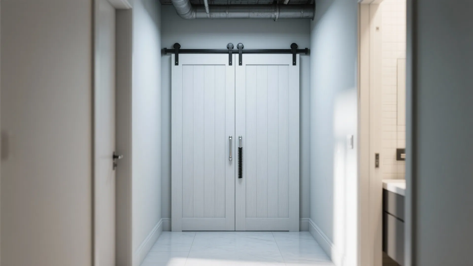 Bi-parting sliding doors for narrow halls
