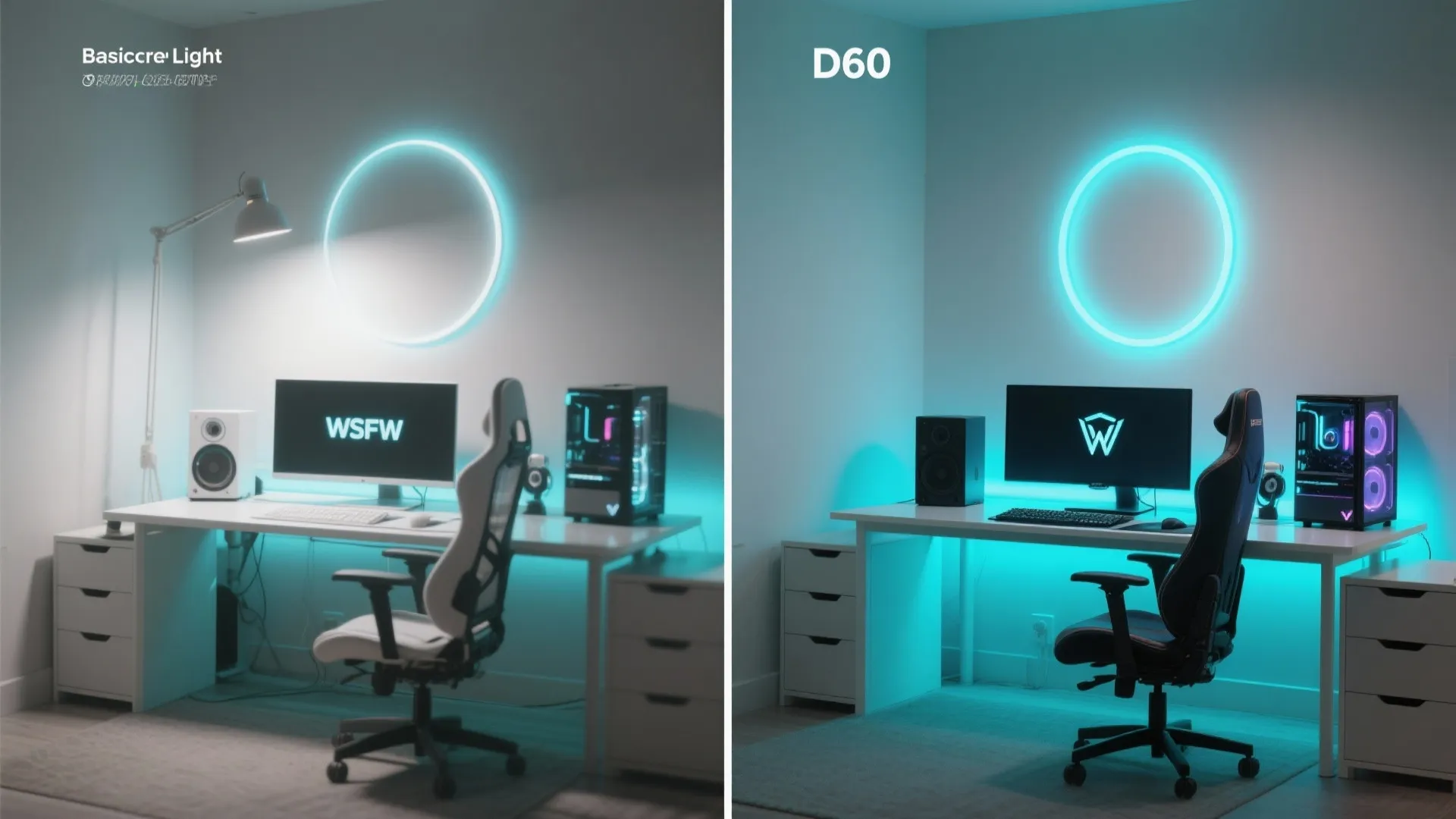 Before and after comparison showing gaming room setup with white desk chair and neon lights