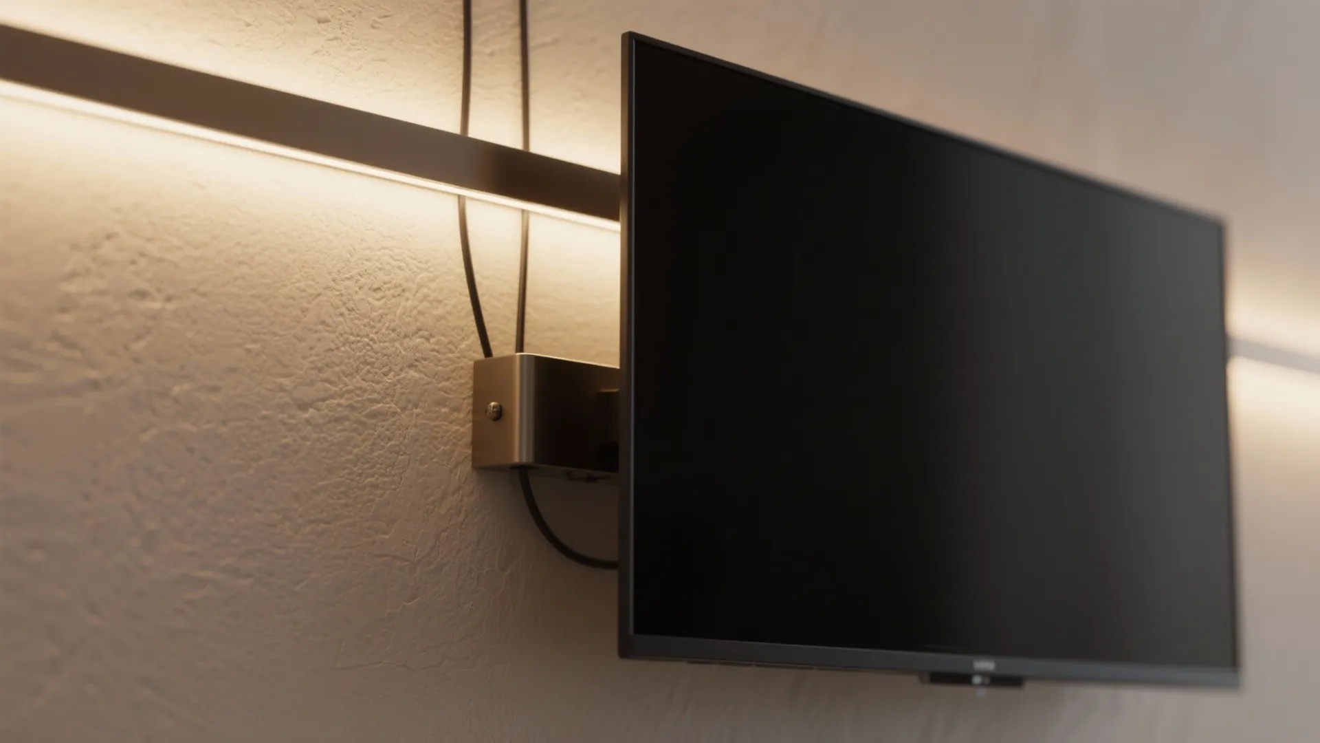 Flat screen television mounted on textured wall with warm horizontal led light strip and bracket