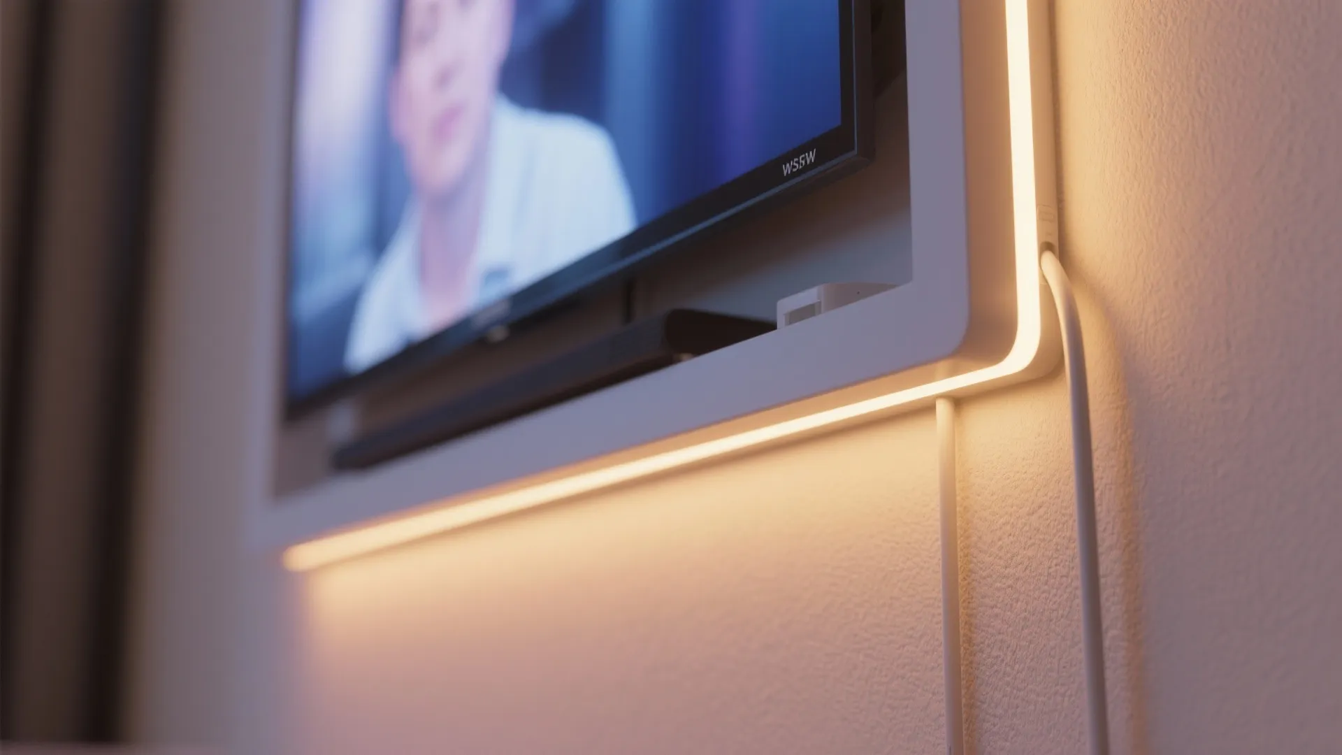 Macro of warm LED bias lighting behind a small TV with even glow and clean routing.