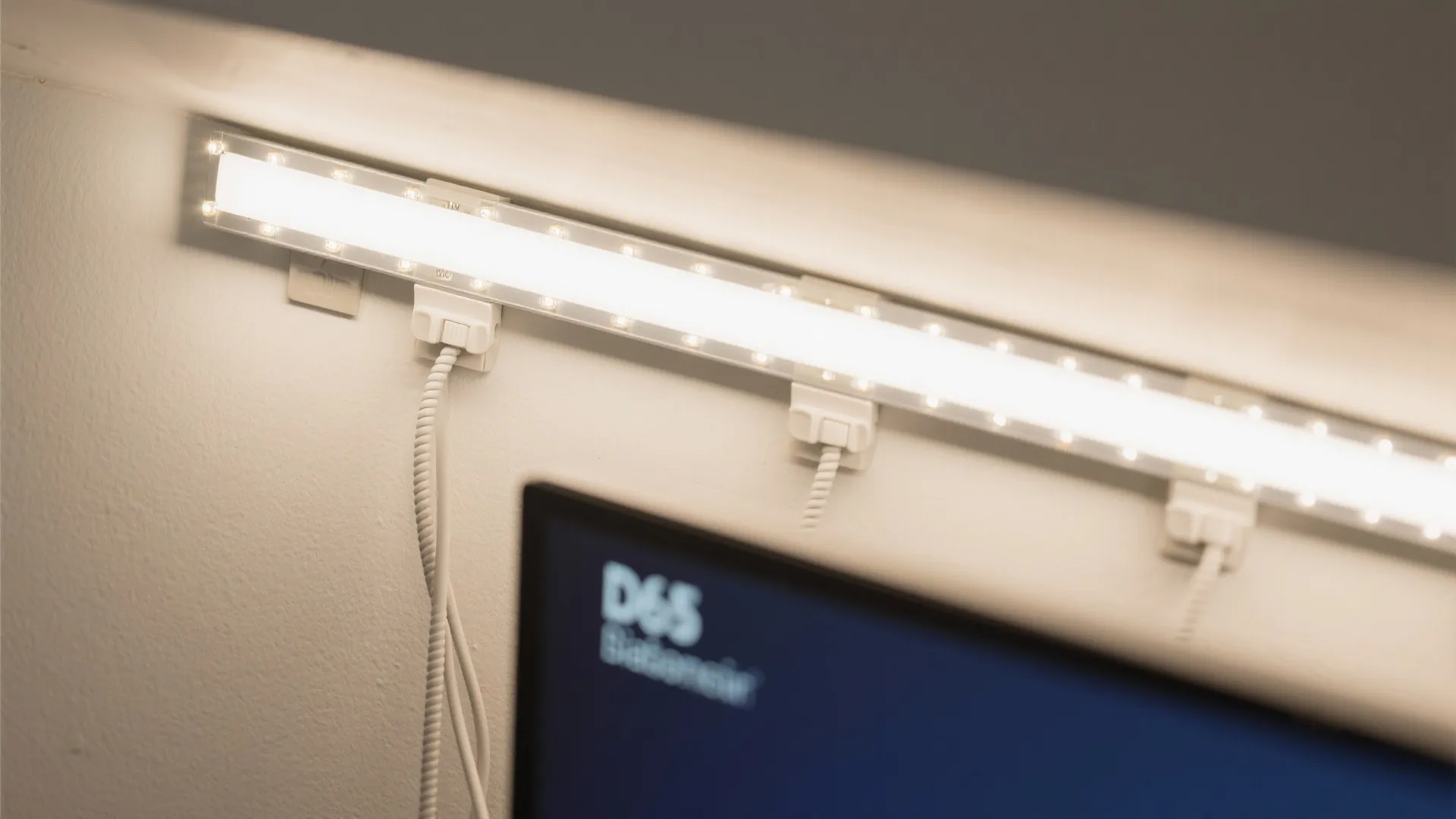 Close up of a bright light strip installed on a wall behind a computer monitor
