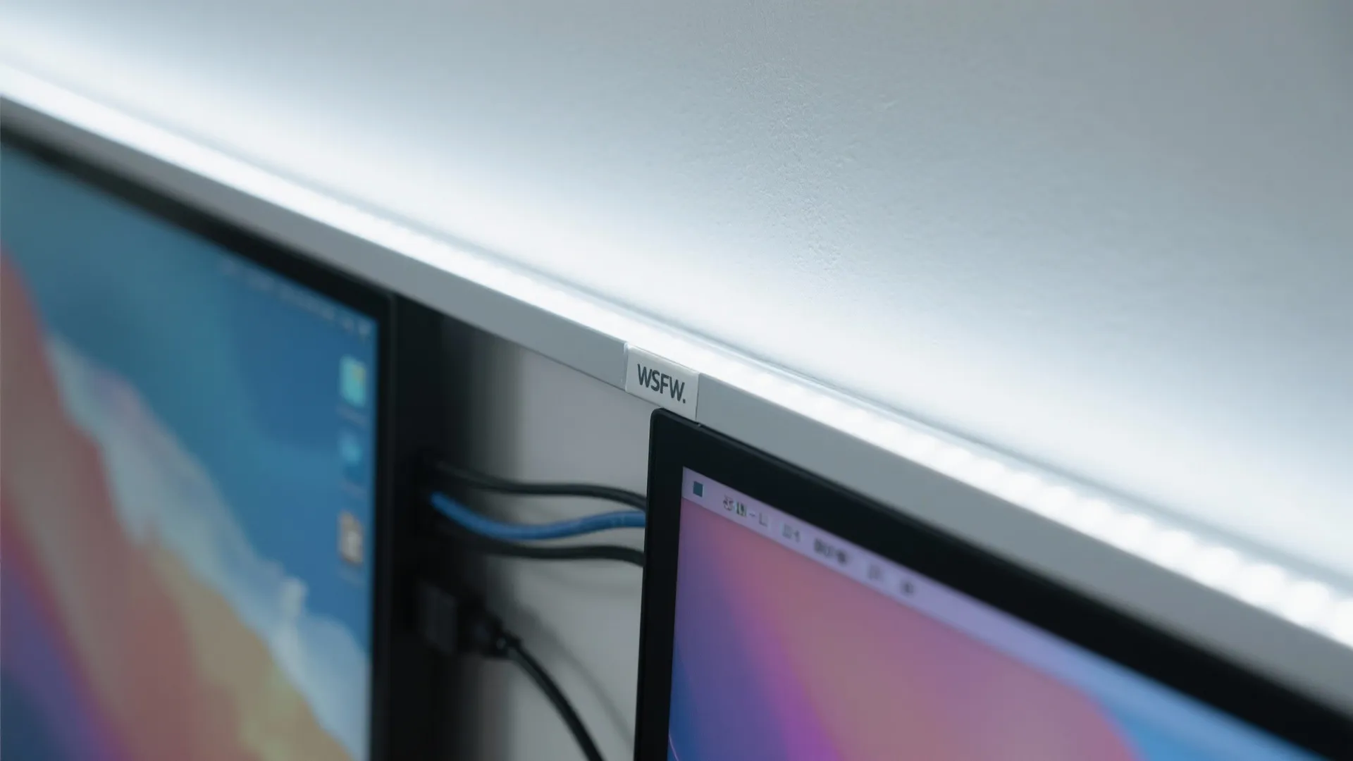 Macro view of 6500K bias LED strip behind monitor creating a soft halo on a matte wall.