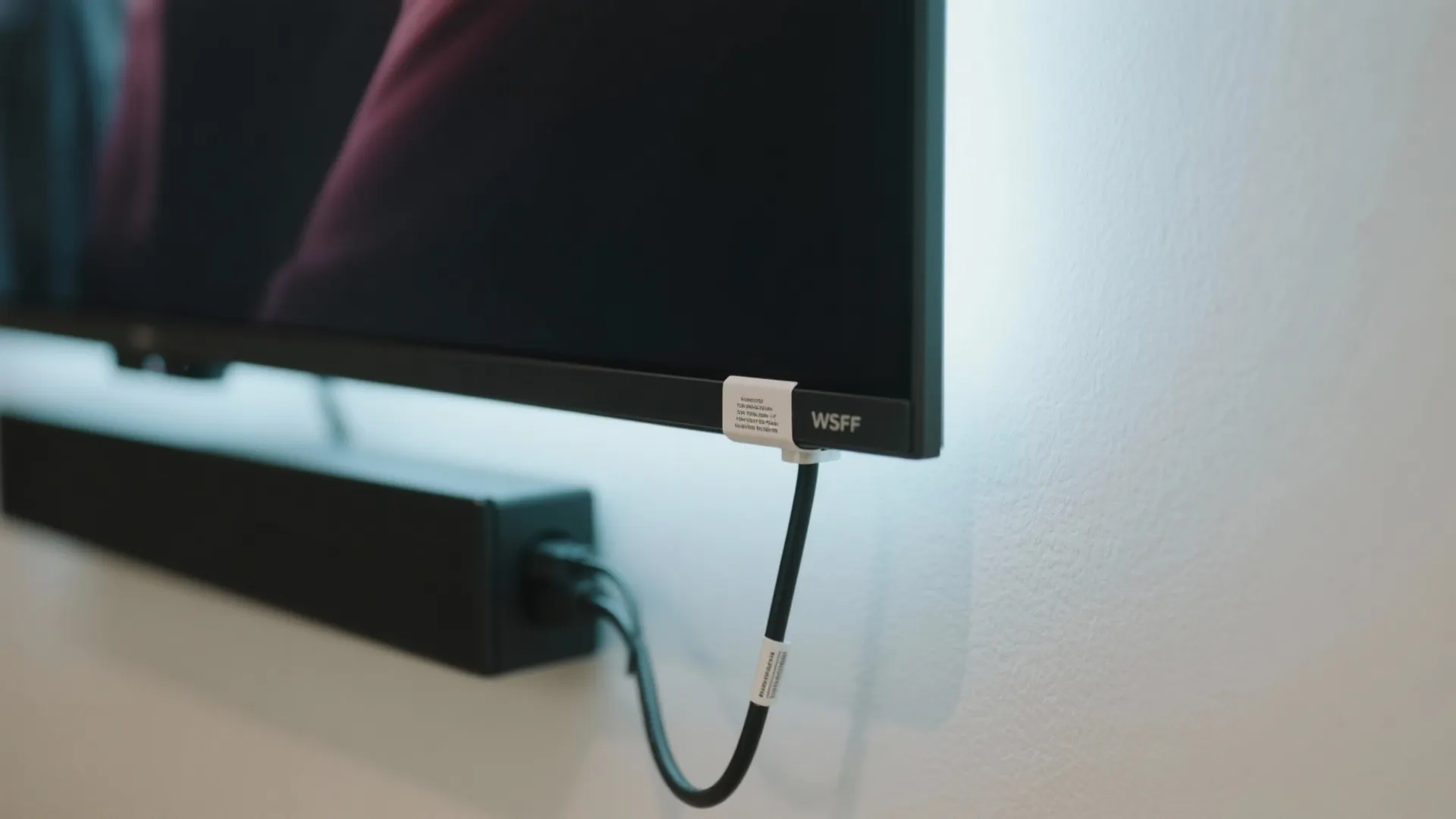 Close up view of television monitor with back lighting power cable and black wall mounted speaker