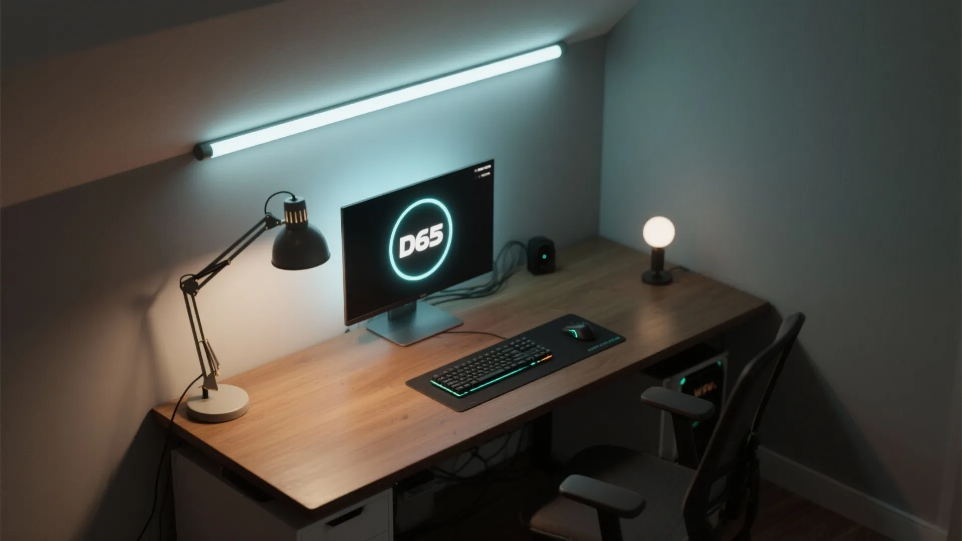 Modern wooden desk with computer monitor and desk lamp under a bright tube wall light