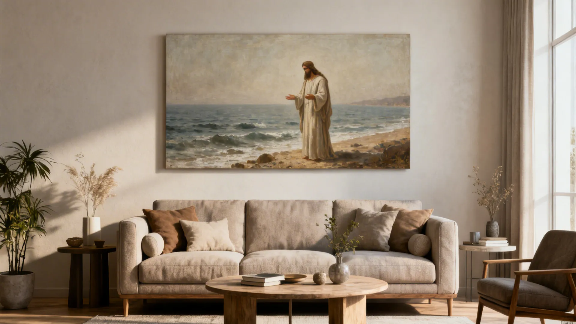 Living room with a large muted-tone canvas of a calm biblical seaside scene above the sofa.