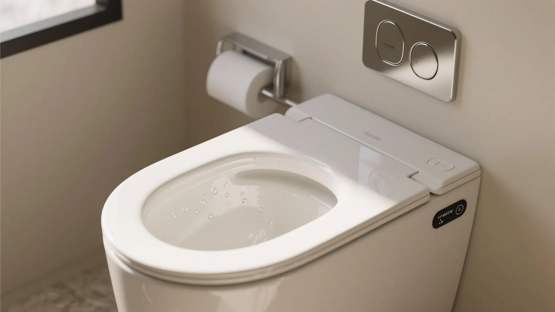 Macro of a rimless wall-hung bowl with bidet seat controls and dual-flush plate, showing easy-clean glaze with water beading.