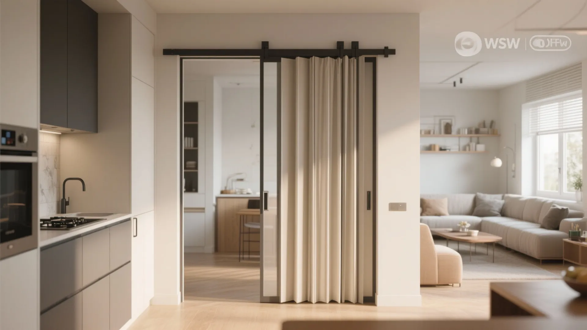 Cream folding door separating a modern kitchen from a bright living room with a large sofa