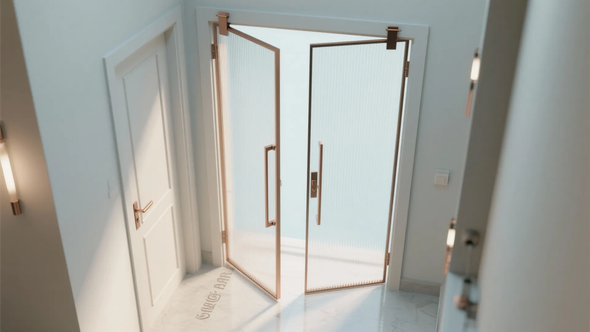 Modern white hallway with two open glass doors featuring copper frames and marble floor tiling
