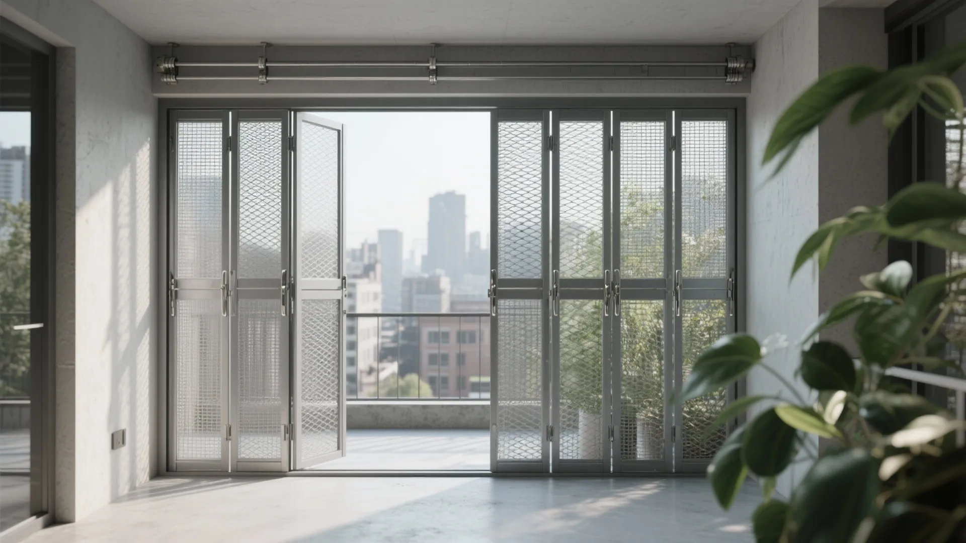 Modern folding glass doors with metal mesh frames opening to a balcony with city views