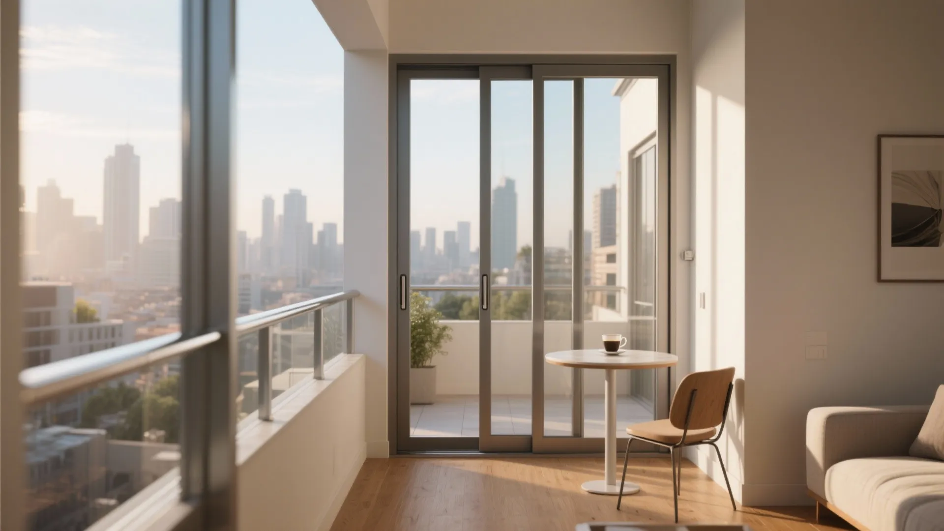 Modern apartment balcony with glass sliding doors a small round table and a city view