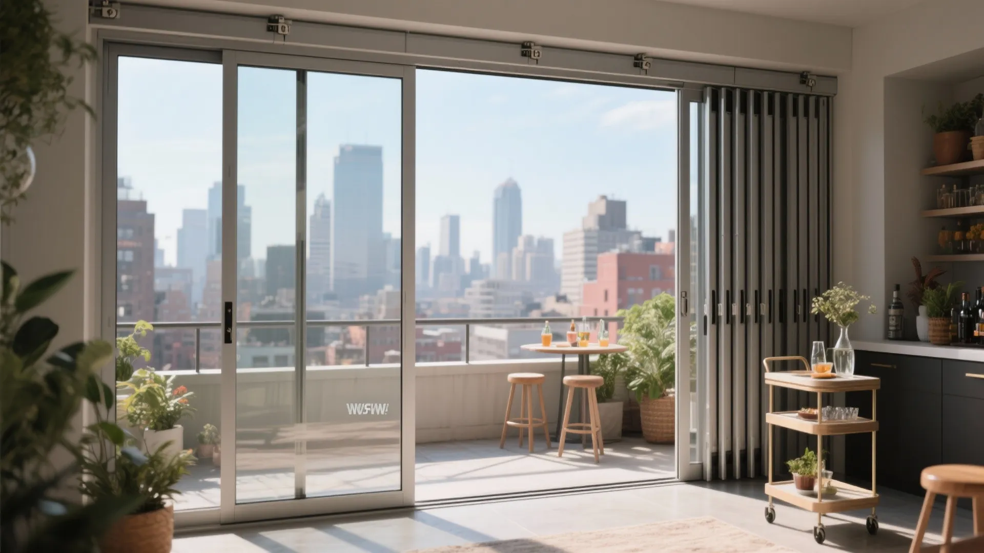 Bi-fold doors stack to one side, opening a wide view to a shallow urban balcony.