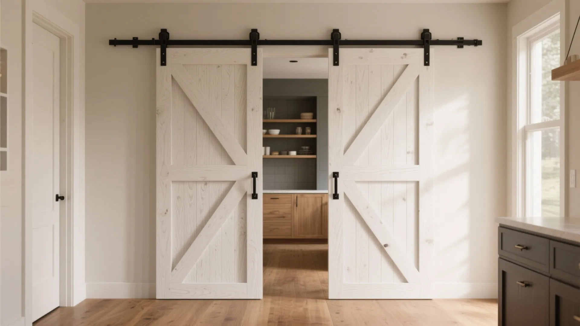 White sliding barn doors in a modern living room opening to a wooden kitchen cabinet