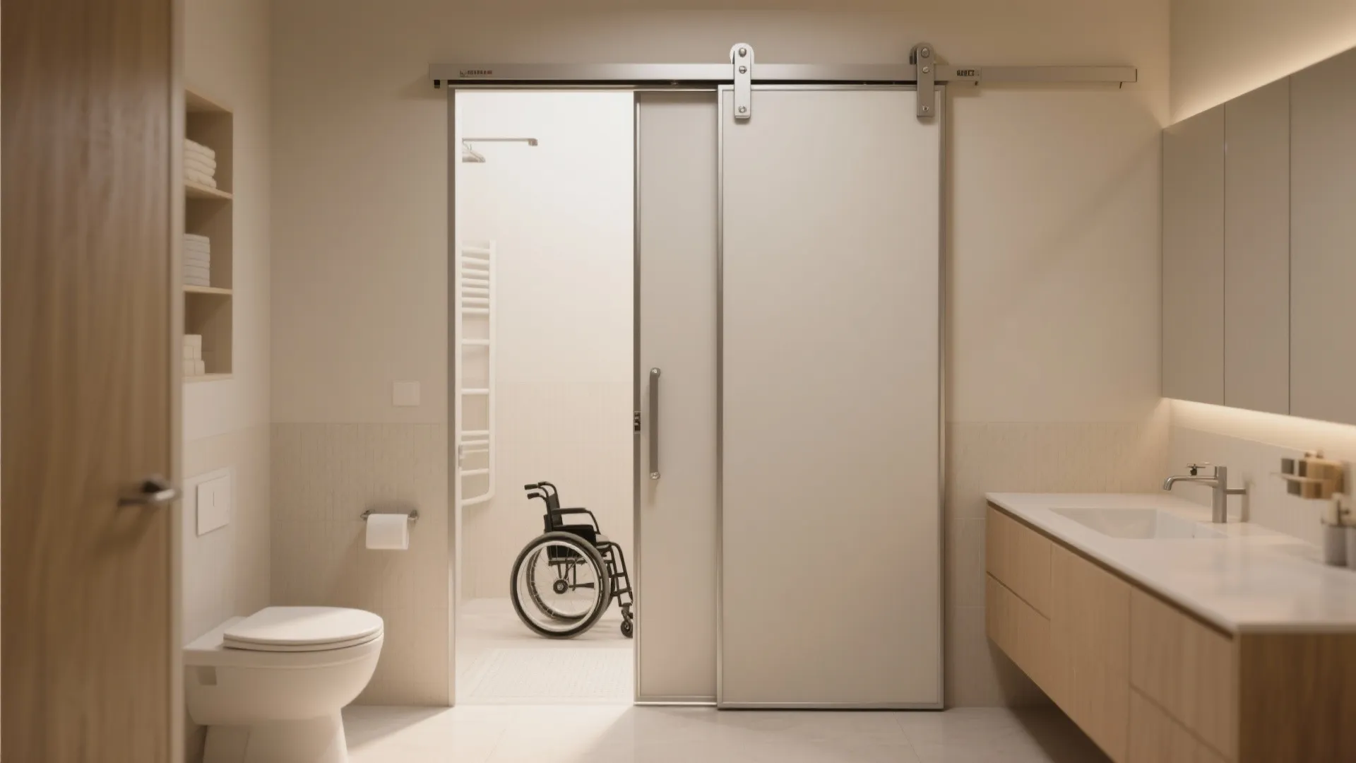 Top-hung bi-fold bathroom door folding to clear a vanity in a tight space.