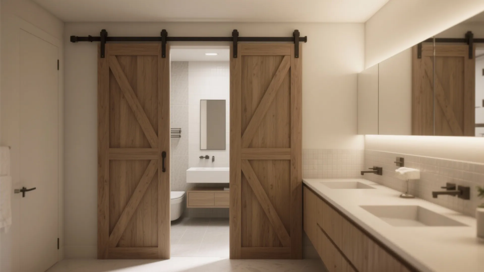 Modern bathroom interior with double wooden sliding doors leading to a sink area and mirror