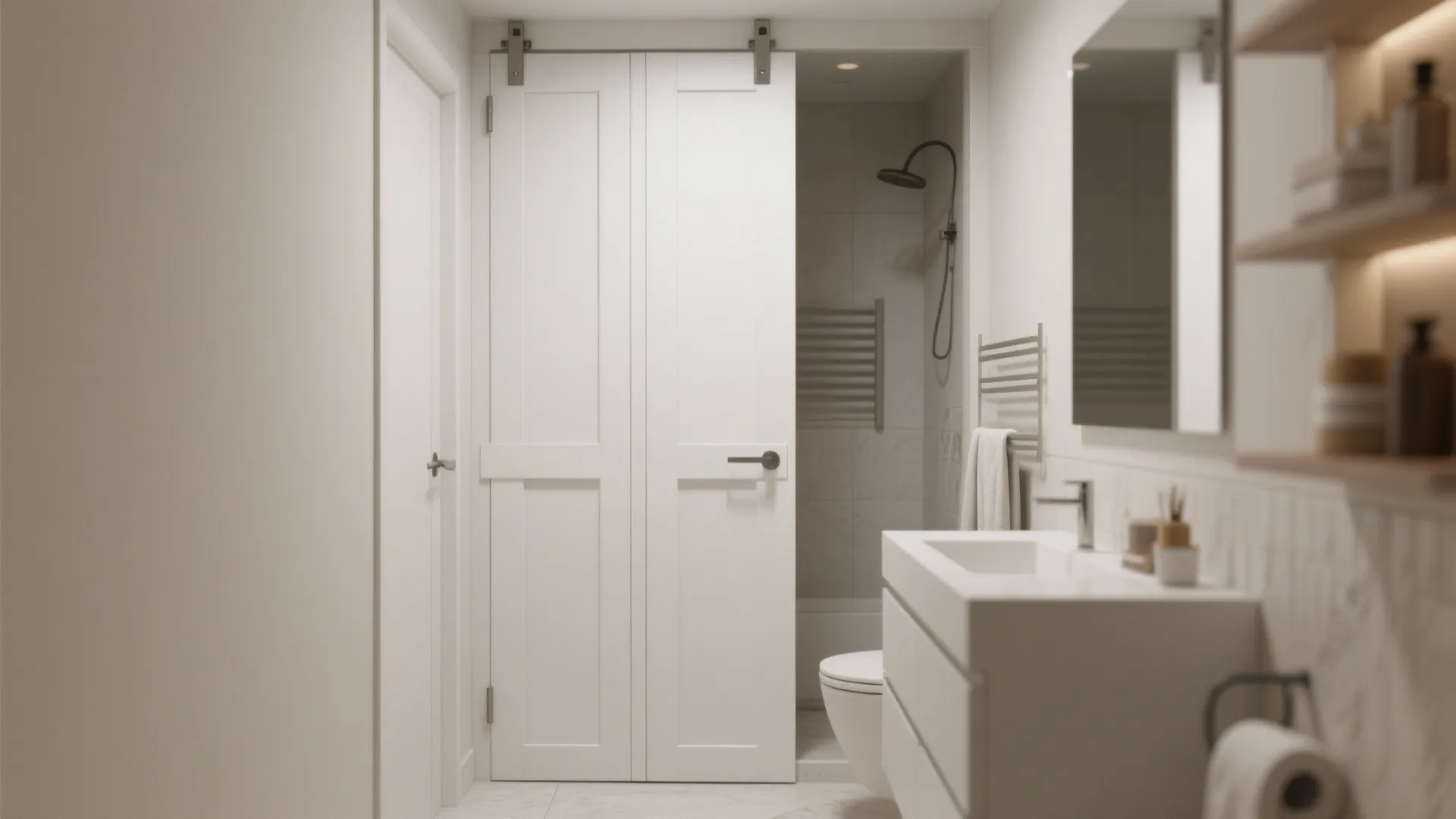 Compact bathroom with white bifold door design