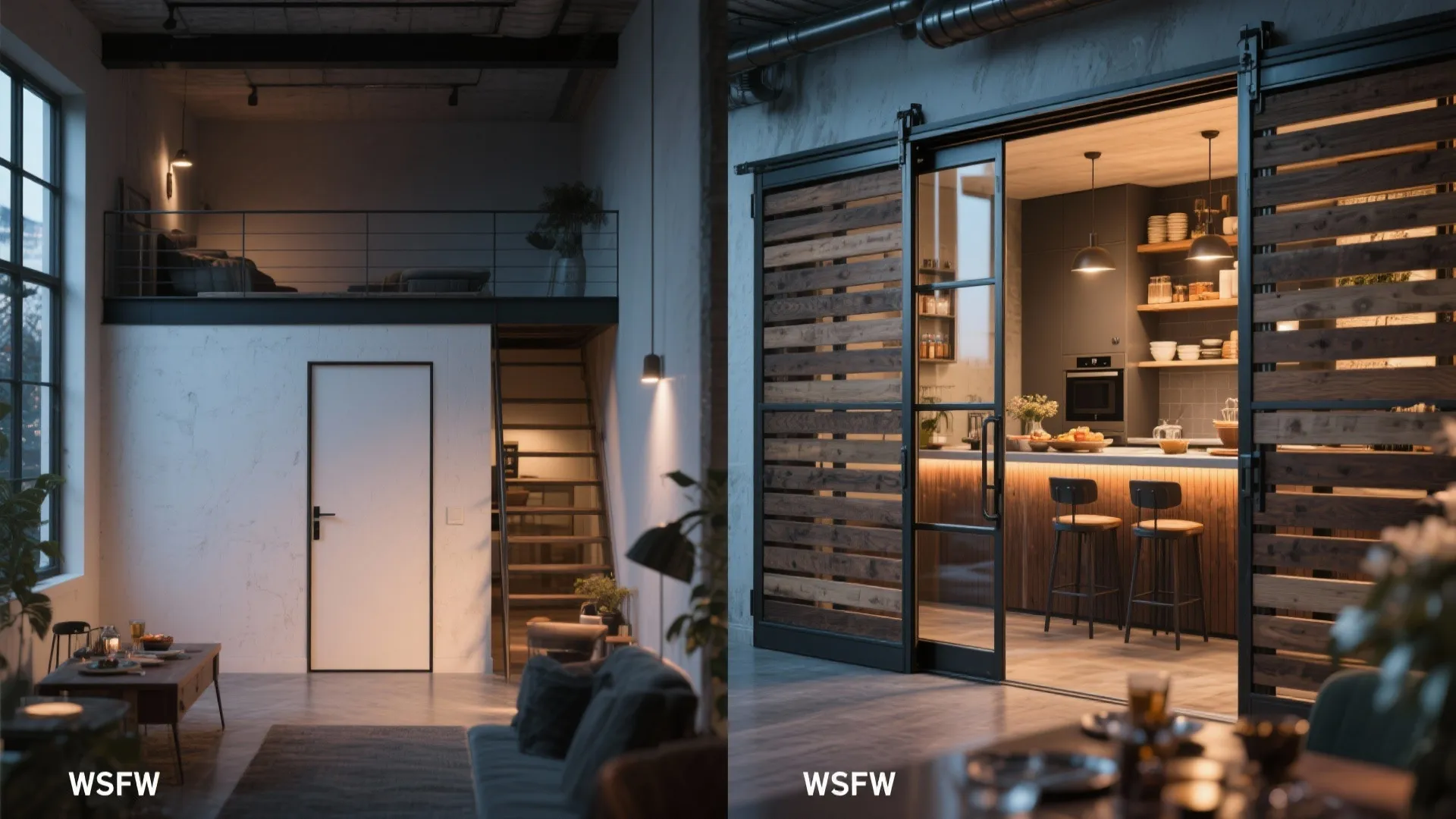 Bi-fold restaurant-style doors folded open to create a pass-through for entertaining in a compact loft.