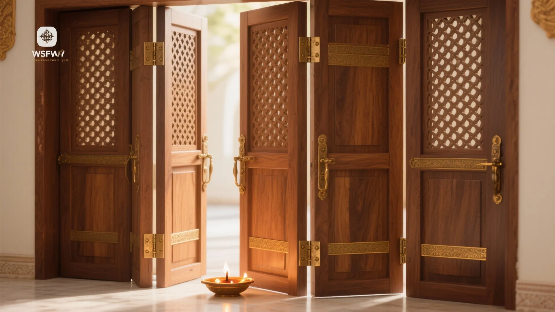 Folding wooden doors with gold metal details and lattice patterns beside a small burning light