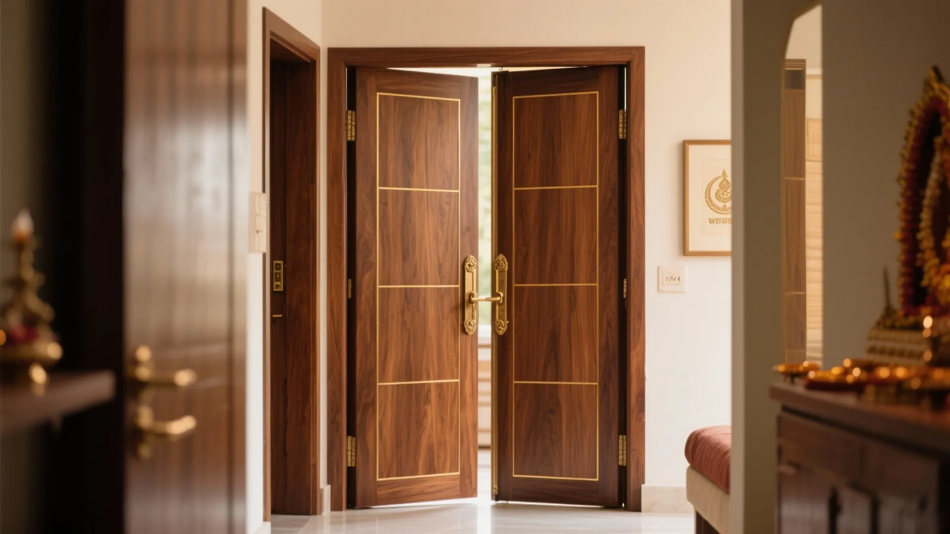 Double wooden doors with gold metal inlay detail opening into a bright and airy room