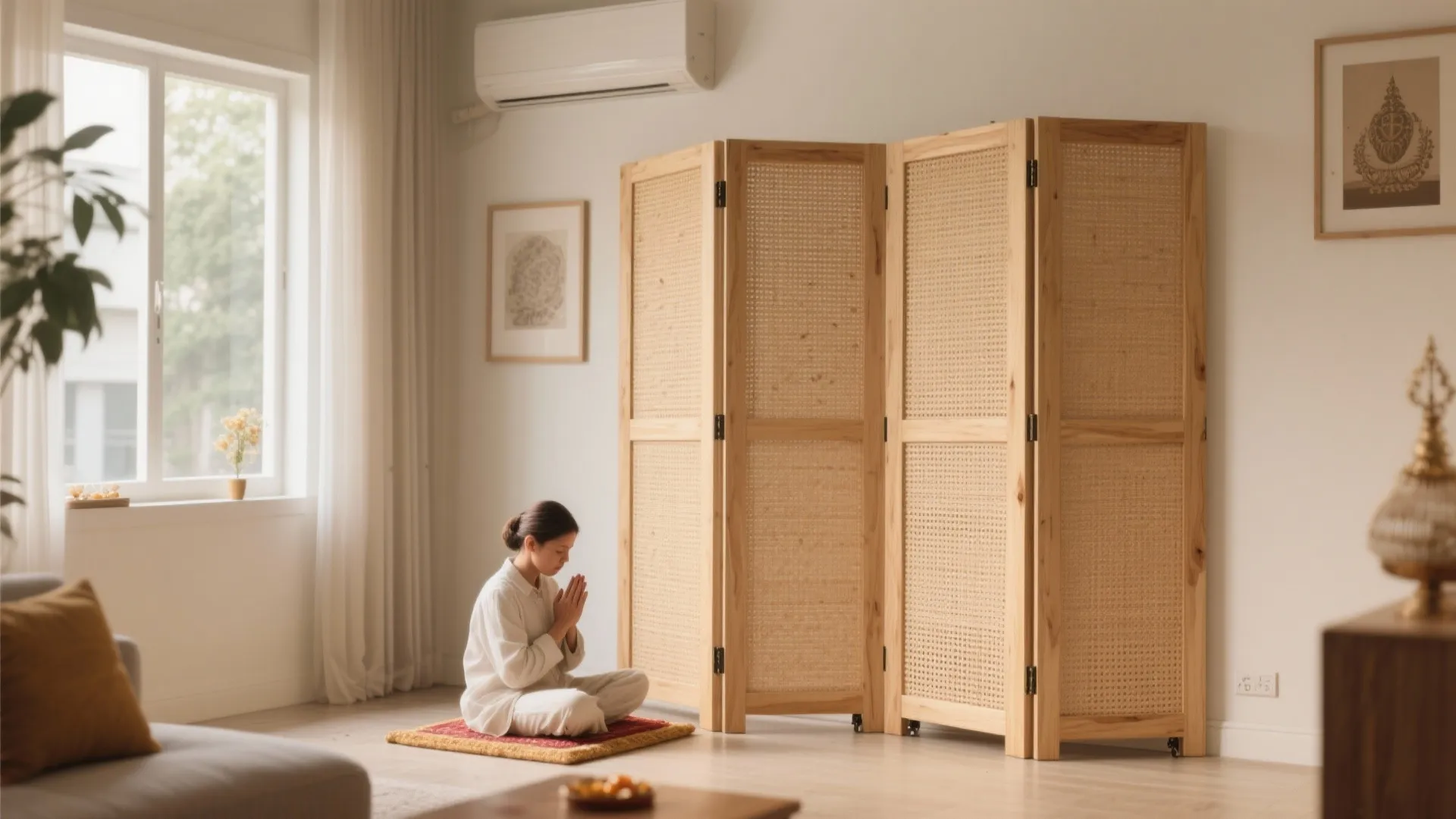 Portable bi-fold cane screens create a flexible pooja partition in a rental-friendly living room.