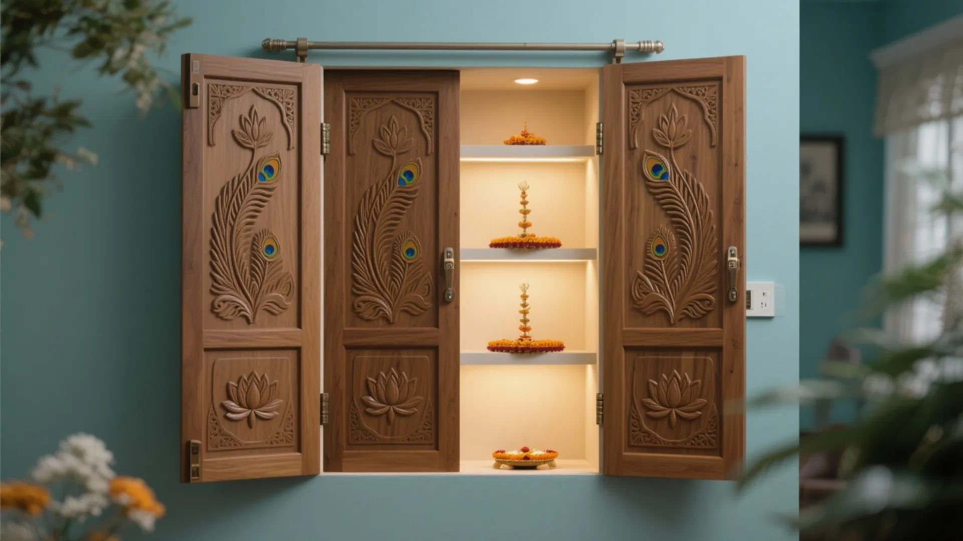 Bi-fold Temple Doors with Carved Motifs