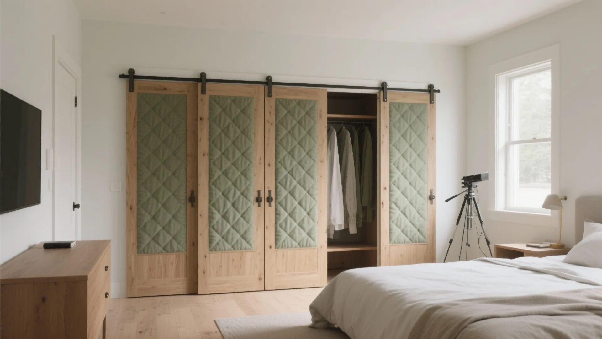 Bedroom with wooden sliding closet doors featuring green quilted panels and a white bed sheet