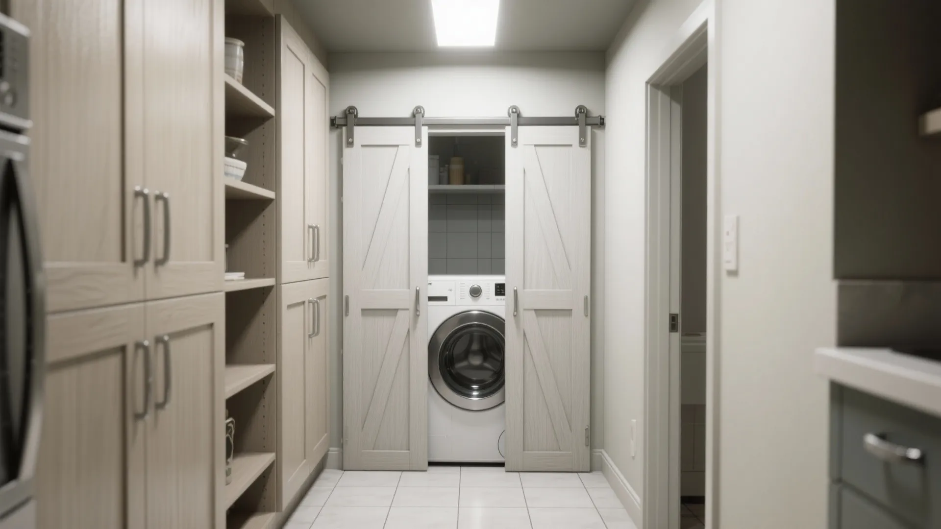 Narrow pantry and laundry nook with bi-fold doors folded open, showing compact access and appliance placement.